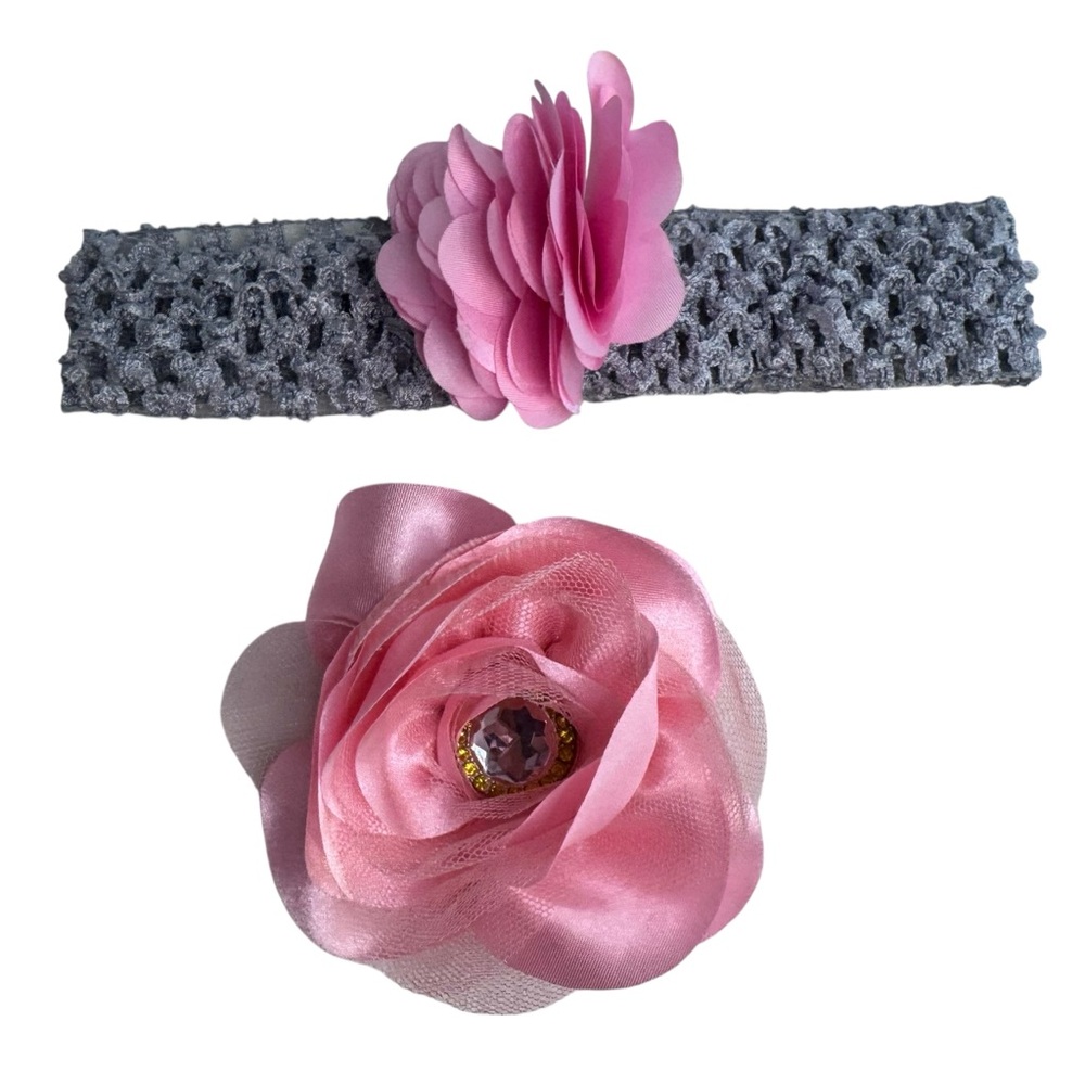 Baby pink flower headband & wristband wristlet